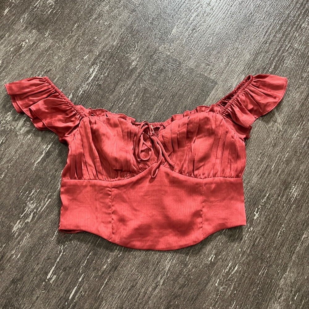Alter'd State Top Cherry Red Ruffle Sleeve Off Shoulder Cropped Blouse